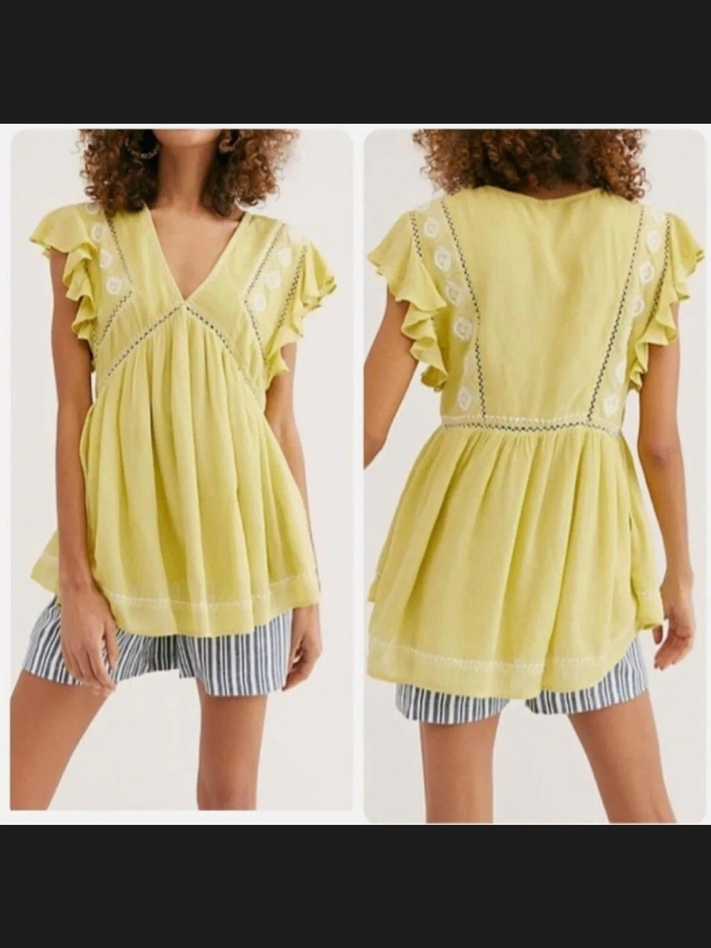 Free People Boho Tunic In Citron Yellow Lined Pockets Embroidered S